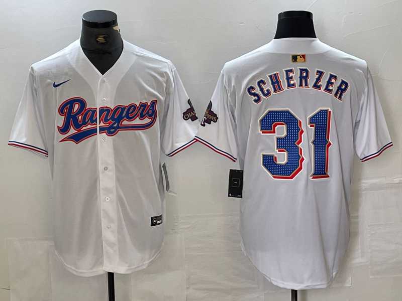 Men's Texas Rangers #31 Max Scherzer White 2023 World Series Champions Cool Base Jersey,We sell and wholesale Men's Texas Rangers #31 Max Scherzer White 2023 World Series Champions Cool Base Jersey on line form chian!